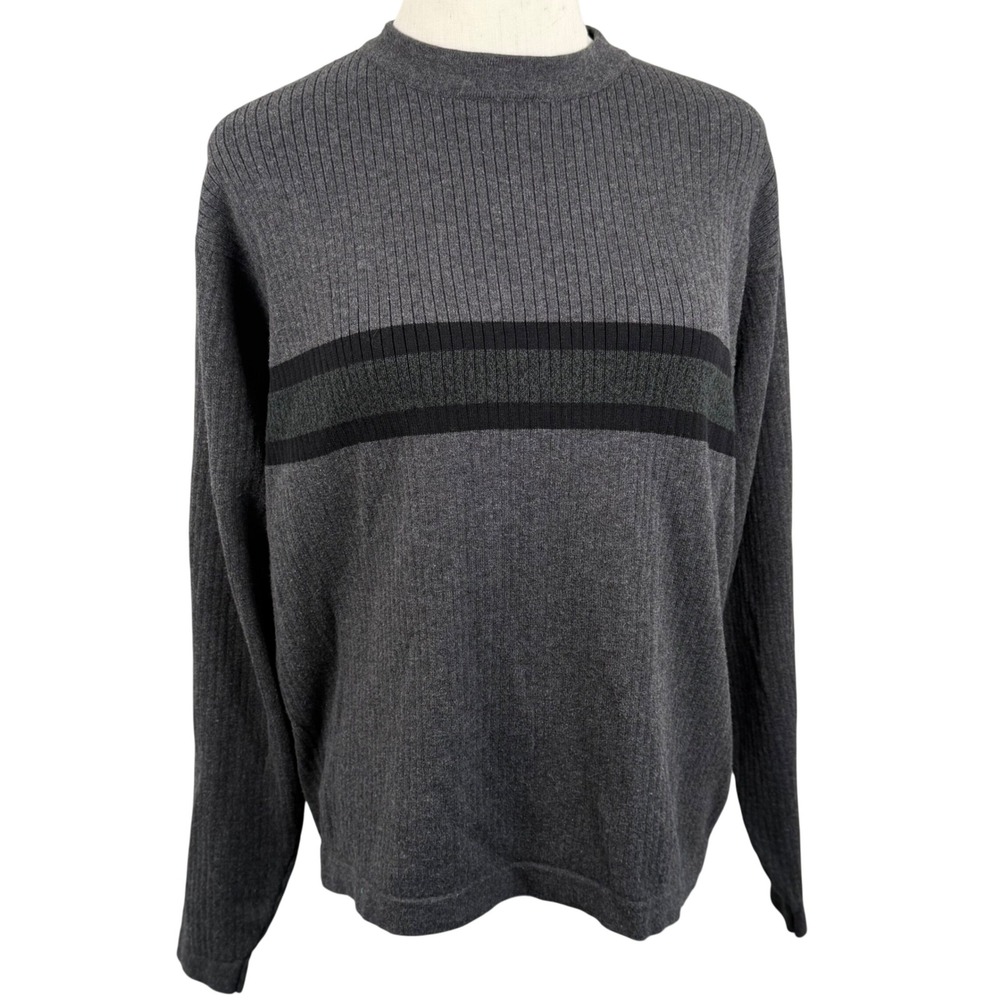 Dockers Mens L Sweater Grey Ribbed Knit Cotton Stripe Crew Neck Pullover 90s Y2K
